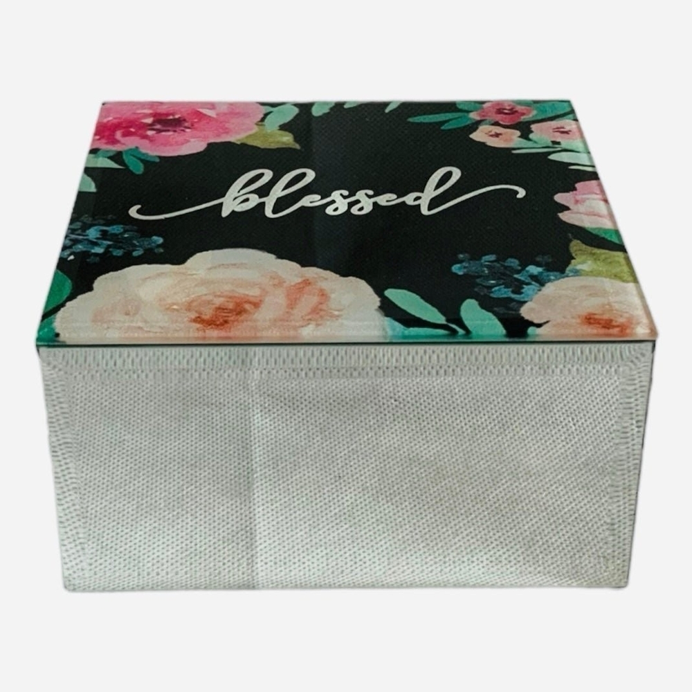 Blessed Floral Mirrored Jewelry Box 4.75" Square Keepsake Trinket Storage VG - Picture 3 of 6